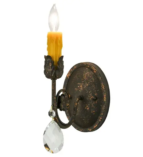 Exquisite styling and luxurious charm are reflected in the Antonia wall sconce which features a faceted Crystal Pendalogue with a scroll arm, acanthus leaves and hand-forged hardware in a Gilded Tobacco finish. This elegant wall sconce embraces an Amber faux candlelight. Custom crafted by highly skilled artisans in our 180,000 square foot manufacturing facility in Yorkville, New York. Custom sizes, styles, finishes and dimmable energy efficient lamping options are available. UL and cUL listed for damp and dry locations. Collection: Antonia Finish: Gilded Tobacco Glass: Sunflower,Chocolate,Gold Width: 5.00" Height: 11.00" Length: 7.50" Weight: 1.00 lb Extension from Wall: 7.50" Number of Bulbs: 1 Maximum Wattage: 40.00 W Bulb Type: B10 Bulb Base: E12 Material: Steel Country of Origin: USA Safety Listing: Damp Safety Rating: Damp - alternate view