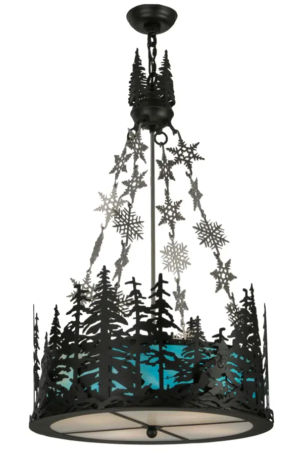 Winter skiers slalom down the slopes on fresh, bright winter powder during this epic skiing event.Warm ambient lighting is diffused beautifully through this lens crafted of Sky Blue opalescent art glass with a Snowy White iridescent glass diffuser on the bottom of the fixture.A stand of Tall Pines are featured in a Black Textured finish while snowflake accents are finished in Nickel.This fixture is perfect for illuminating resort lobbies, restaurants, homes and lodges.Handcrafted in the Meyda manufacturing facility, located at the foothills of the Adirondack Mountains, not far from Lake Placid, home of the 1980 Winter Olympics.Custom designs available, as well as energy efficient lamping options. Collection: Alpine Finish: Textured Black & Nickel Glass: Blue & White Art Glass Width: 21.50" Height: 36.50" Length: 21.50" Weight: 40.00 lb Number of Bulbs: 4 Maximum Wattage: 100.00 W Bulb Type: A19 Bulb Base: E26 Material: Steel Country of Origin: USA Safety Listing: Damp Safety Rating: Damp