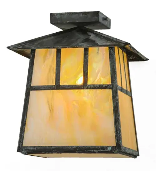 Custom made from Solid Brass; a stunning Craftsman Signature design statement is emphatically presented with a striking Mission straight line design on this lantern. Highlighted with Beige Iridescent art glass and a frame and hardware finished in Verdigris. Ideal for indoor and outdoor lighting applications. Handcrafted by Meyda artisans in the Yorkville; NY manufacturing facilities at the foothills of the Adirondack Mountains. Custom colors; designs and sizes available. Indoor and outdoor applications. - alternate view