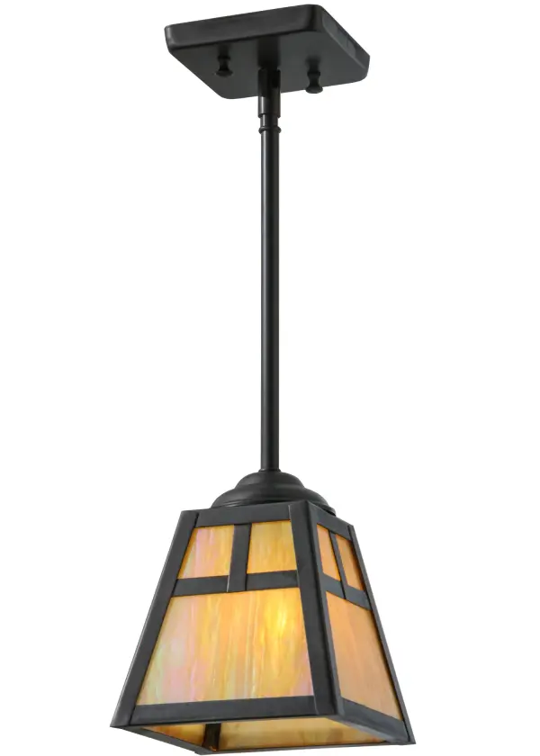 A handsome Mission T pattern adorns this striking Craftsman Signature Solid Brass lantern mini pendant. Hand finished with a stunning Craftsman Brown, this mini pendant features a Beige Iridescent Glass Shade. Place these mini pendants in multiples across a bar, island, counter or table to create a dramatic design statement. This pendant was handcrafted by highly skilled artisans in our 180,000 manufacturing facility in Yorkville, NY. Dimmable energy efficient lamping options are available. Custom colors, styles and sizes are offered. UL and cUL Listed for dry and damp locations. Collection: T" Mission" Finish: Craftsman Brown Glass: Beige Iridescent Glass Width: 8.50" Height: 19.00" Length: 6.00" Weight: 3.00 lb Extension from Wall: 4.00" Number of Bulbs: 1 Maximum Wattage: 60.00 W Bulb Type: A19 Bulb Base: E26 Material: Brass Country of Origin: USA Safety Listing: Damp Safety Rating: Damp