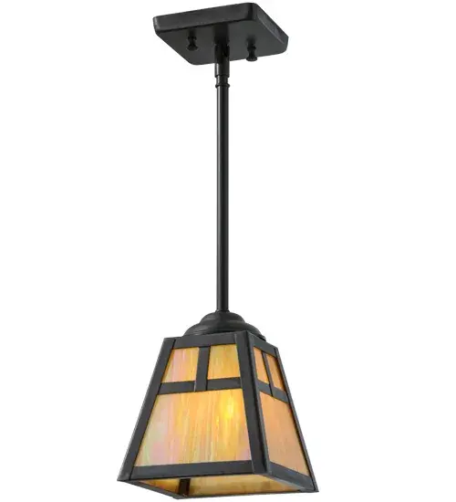 A handsome Mission T pattern adorns this striking Craftsman Signature Solid Brass lantern mini pendant. Hand finished with a stunning Craftsman Brown, this mini pendant features a Beige Iridescent Glass Shade. Place these mini pendants in multiples across a bar, island, counter or table to create a dramatic design statement. This pendant was handcrafted by highly skilled artisans in our 180,000 manufacturing facility in Yorkville, NY. Dimmable energy efficient lamping options are available. Custom colors, styles and sizes are offered. UL and cUL Listed for dry and damp locations. Collection: T" Mission" Finish: Craftsman Brown Glass: Beige Iridescent Glass Width: 8.50" Height: 19.00" Length: 6.00" Weight: 3.00 lb Extension from Wall: 4.00" Number of Bulbs: 1 Maximum Wattage: 60.00 W Bulb Type: A19 Bulb Base: E26 Material: Brass Country of Origin: USA Safety Listing: Damp Safety Rating: Damp - alternate view