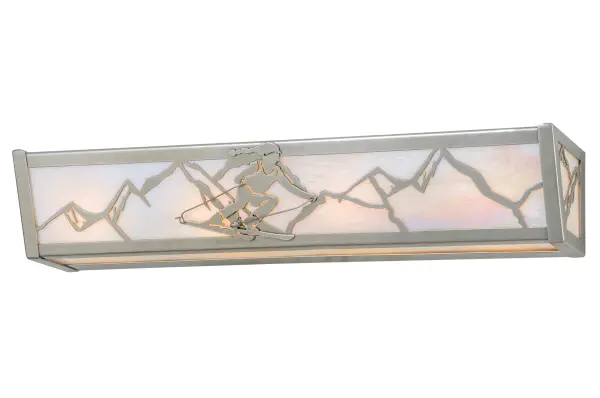 A winter skier slaloms down the slopes on fresh, bright winter powder during this epic skiing event.Warm ambient lighting is diffused beautifully through this lens crafted of White iridescent glass panels.The frame and hardware are finished in Nickel. Handcrafted in the Meyda manufacturing facility, located at the foothills of the Adirondack Mountains, not far from Lake Placid, home of the 1980 Winter Olympics.Custom designs available, as well as energy efficient lamping options. Collection: Alpine Finish: Nickel Glass: Cai Width: 24.00" Height: 4.50" Length: 5.50" Weight: 6.50 lb Extension from Wall: 5.50" Number of Bulbs: 4 Maximum Wattage: 60.00 W Bulb Type: A19 Bulb Base: E26 Material: Steel Country of Origin: USA Safety Listing: Damp Safety Rating: Damp