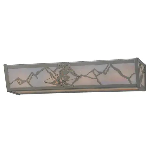 A winter skier slaloms down the slopes on fresh, bright winter powder during this epic skiing event.Warm ambient lighting is diffused beautifully through this lens crafted of White iridescent glass panels.The frame and hardware are finished in Nickel. Handcrafted in the Meyda manufacturing facility, located at the foothills of the Adirondack Mountains, not far from Lake Placid, home of the 1980 Winter Olympics.Custom designs available, as well as energy efficient lamping options. Collection: Alpine Finish: Nickel Glass: Cai Width: 24.00" Height: 4.50" Length: 5.50" Weight: 6.50 lb Extension from Wall: 5.50" Number of Bulbs: 4 Maximum Wattage: 60.00 W Bulb Type: A19 Bulb Base: E26 Material: Steel Country of Origin: USA Safety Listing: Damp Safety Rating: Damp - alternate view