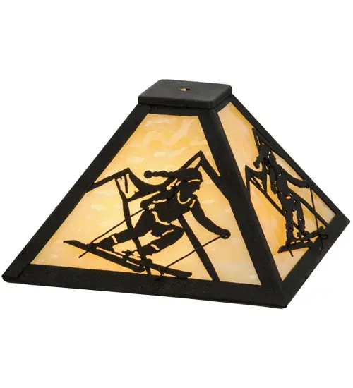 A winter skier slaloms down the slopes on fresh; bright winter powder during this epic skiing event.Warm ambient lighting is diffused beautifully through this shade crafted of Beige art glass panels.The frame and hardware are finished in Dark Roast. Handcrafted in the Meyda manufacturing facility; located at the foothills of the Adirondack Mountains; not far from Lake Placid; home of the 1980 Winter Olympics.Custom designs available; as well as energy efficient lamping options.