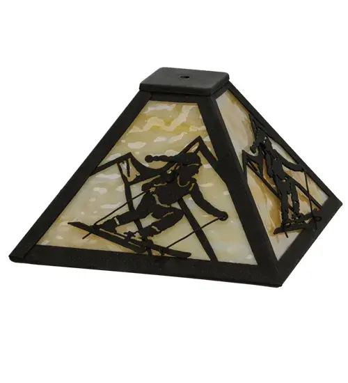 A winter skier slaloms down the slopes on fresh; bright winter powder during this epic skiing event.Warm ambient lighting is diffused beautifully through this shade crafted of Beige art glass panels.The frame and hardware are finished in Dark Roast. Handcrafted in the Meyda manufacturing facility; located at the foothills of the Adirondack Mountains; not far from Lake Placid; home of the 1980 Winter Olympics.Custom designs available; as well as energy efficient lamping options. - alternate view