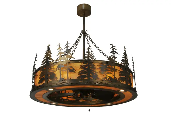 Innovation never looked so good as this custom lighting fixture integrates efficient ceiling fan technology. Nature-inspired Tall Pine tree silhouettes accent the stunning Ambra Siena Idalight diffuser while gentle breezes are created as the fan spins quietly in the center. Decorative accents; frame and hardware are featured in Dark Burnished Antique Copper finish. 4 Medium base downlights provide functional lighting; 8 uplights for ambient lighting; 8 inner lights bring out the beauty of Idalight. Handcrafted in USA. In Summer; the fan pushes down windchill that circulates to keep space cool and comfortable. In Winter; the fan reverses to pull room air up towards the ceiling and force warm air back down and circulate to create warmth.