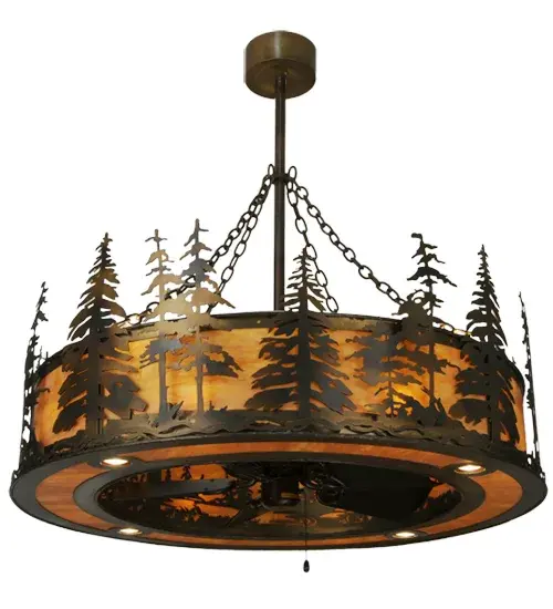 Innovation never looked so good as this custom lighting fixture integrates efficient ceiling fan technology. Nature-inspired Tall Pine tree silhouettes accent the stunning Ambra Siena Idalight diffuser while gentle breezes are created as the fan spins quietly in the center. Decorative accents; frame and hardware are featured in Dark Burnished Antique Copper finish. 4 Medium base downlights provide functional lighting; 8 uplights for ambient lighting; 8 inner lights bring out the beauty of Idalight. Handcrafted in USA. In Summer; the fan pushes down windchill that circulates to keep space cool and comfortable. In Winter; the fan reverses to pull room air up towards the ceiling and force warm air back down and circulate to create warmth. - alternate view