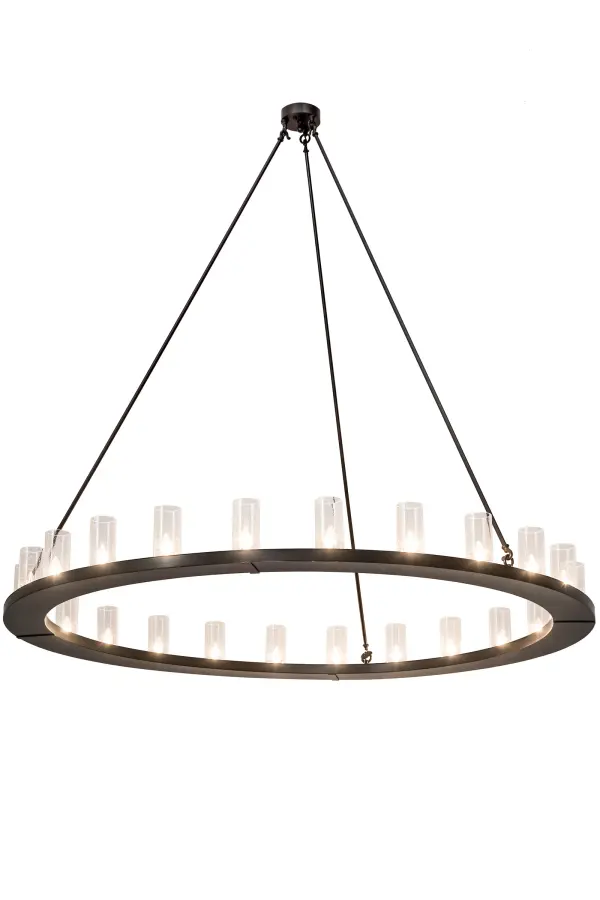 Crafted by the skillful hands of Meyda artisans; the striking Loxley chandelier is topped with 24 Clear Seeded glass candle columns. This transitional fixture is made in the USA with hardware finished in a Timeless Bronze. Perfect for residential; hospitality; retail or commercial applications. Custom sizes; styles and colors available. Energy efficient options.