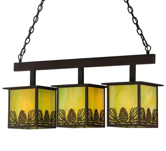 Mother nature comes to light as Mountain Pinecones and Pine Needles are featured on this unique nature inspired ceiling pendant. The charm of the forest comes alive with soft ambient light emanating through three Avocado Art Glass shades. The luminaire is enhanced with a cafe Noir finish. Ideal for illuminating billiard tables; islands; counters; bars and tables. The overall height ranges from 32 to 63 inches as the chain length can be easily adjusted in the field to accommodate your specific lighting application needs. Handcrafted in our 180;000 square foot manufacturing facility in Yorkville; New York. Diffuser colors; metal finishes and fixture sizes can be customized to your needs. UL and cUL listed for dry and damp locations. - alternate view