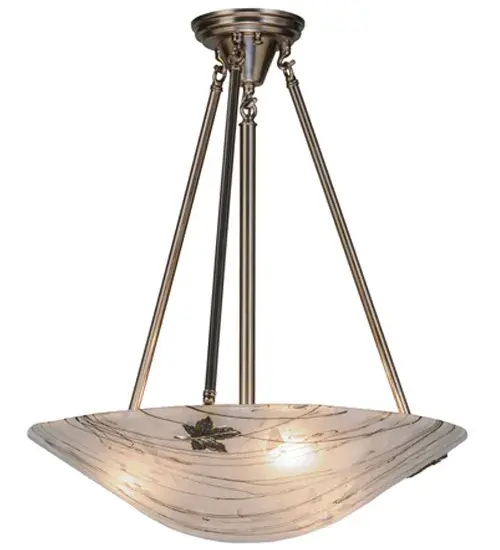 Bare trees against the winter sky-inspired Branches lighting design; this fused glass ceiling fixture featuring Frosted White glass drizzled with Midnight Black branch patterns; is adorned with Solid Brass Maple Leaves and supported by Polished Nickel finished Brass hardware. Handmade by Meyda Craftsmen; the fixture is a pleasant retreat from the ordinary. Made in the USA. - alternate view