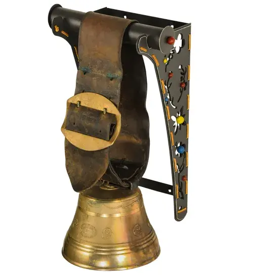 This Swiss cow bell holder does not include the cow bell or belt. It is simply a nice way for you to display the bell in your collection. We can custom make this in any size; color or style to suit your taste. - alternate view