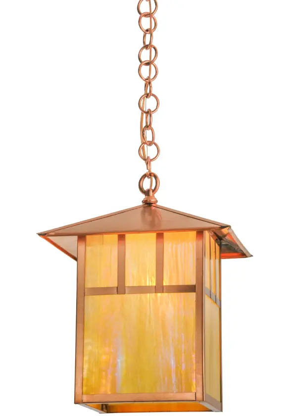 Crafted from Solid Brass; this Mission inspired straight line design is featured in a handsome American Craftsman Signature style that comes to light through Beige Iridescent art glass.Solid Brass hardware and frame featured in a Natural Copper finish.Ideal for illuminating covered porches; decks; stairways; foyers and hallways.Handcrafted by Meyda artisans in the Yorkville; NY manufacturing facility at the foothills of the Adirondack Mountains. Custom colors; styles and sizes available.Energy efficient lamping options.