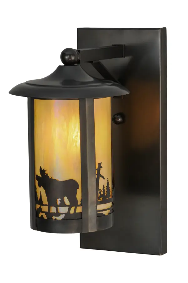 A stunning nature inspired Solid Brass design of a majestic Moose standing in the woods with the sun rising in the background. This striking fixture features warm Beige Iridescent art glass panels and a Craftsman Brown finish.Handcrafted in the USA by Meyda artisans at the foothills of Upstate New York's Adirondack Mountains. Custom colors; designs and sizes available. Energy efficient lighting options.
