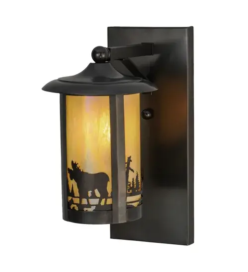 A stunning nature inspired Solid Brass design of a majestic Moose standing in the woods with the sun rising in the background. This striking fixture features warm Beige Iridescent art glass panels and a Craftsman Brown finish.Handcrafted in the USA by Meyda artisans at the foothills of Upstate New York's Adirondack Mountains. Custom colors; designs and sizes available. Energy efficient lighting options. - alternate view