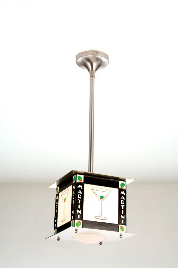 Light up your evening with this contemporary styled Martini mini pendant fixture made with Black and White stained glass accented with Pimento Red and Olive Green. The fun stained and painted glass fixture also has hardware finished in Brushed Nickel. This Meyda Tiffany original is a perfect addition to your cocktail hour bar. Collection: Martini Finish: Brushed Nickel Glass: Bl Ca Width: 10.00" Height: 30.00" Length: 10.00" Weight: 9.00 lb Number of Bulbs: 1 Maximum Wattage: 60.00 W Bulb Type: A19 Bulb Base: E26 Material: Metal Or Polyresin Country of Origin: CHINA Safety Listing: Dry Safety Rating: Damp