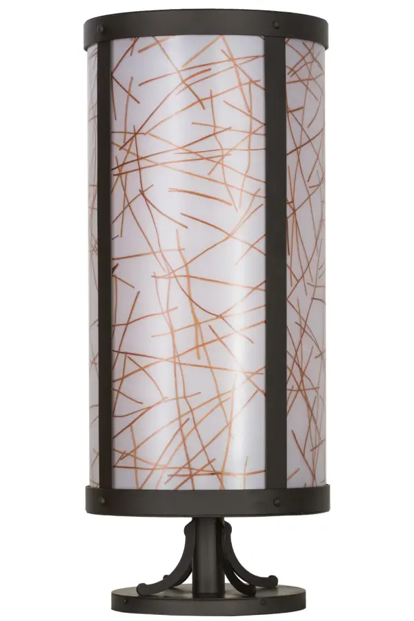 Inspired by a new Modernism, this eye-catching abstract expressionist design integrates criss-cross patterns with natural twig-like figures in a rich Cognac hue on a muted White.The resilient material is made from 40% post-consumer recycled content and has unparalleled luminous translucency when lit. The frame and hardware are finished in Oil Rubbed Bronze.This fixture is designed for indoor and outdoor lighting applications for homes, marinas, hotels, office buildings and other commercial spaces.It was custom crafted in the USA. Collection: Cilindro Finish: Oil Rubbed Bronze Glass: Oil Rubbed Bronze Width: 15.00" Height: 37.00" Length: 15.00" Weight: 42.00 lb Number of Bulbs: 1 Maximum Wattage: 60.00 W Bulb Type: MR16 Bulb Base: E26 Material: Steel Country of Origin: USA Safety Listing: Wet Safety Rating: Wet