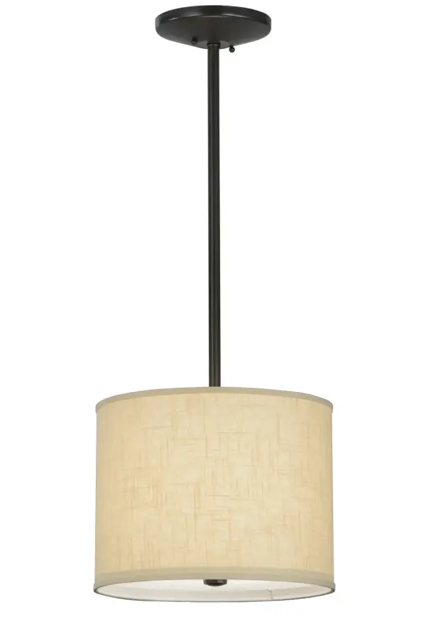 A clean transitional design for today's interiors. The drum styled shade is crafted of fine Beige fabric with a Statuario Idalight diffuser and complemented with hardware finished in Timeless Bronze. Handcrafted by Meyda artisans in our Yorkville, NY manufacturing facility. Options include dimmable LED and other energy efficient lamping options, as well as custom sizes, styles and colors. This fixture is UL and cUL listed for dry and damp locations. Collection: Cilindro Finish: Timeless Bronze Glass: Beige Textrene Width: 14.00" Height: 122.00" Length: 14.00" Weight: 8.50 lb Number of Bulbs: 1 Maximum Wattage: 60.00 W Bulb Type: A19 Bulb Base: E26 Material: Steel Country of Origin: USA Safety Listing: Damp Safety Rating: Damp