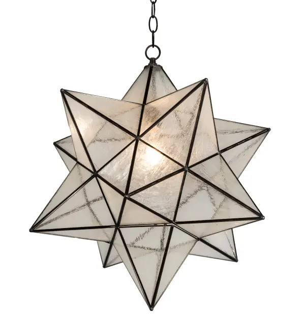 Grace your home with this timeless ceiling fixture. Dating back to Moravia hundreds of years ago; the Star was used to protect your home and bring good luck to your family. Handcrafted of sparkling Clear Seedy art glass. The Moravian Star pendant is suspended from chain and canopy in a Mahogany Bronze finish. Each shade is created with Brass Channel Construction. Overall height ranges from 28 to 64 inches as the chain length can be easily adjusted in the field to accommodate your specific lighting application needs. Fixture designs; metal finishes and pendant sizes can be customized to meet your needs. UL and cUL listed for damp and dry locations.