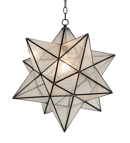 Grace your home with this timeless ceiling fixture. Dating back to Moravia hundreds of years ago; the Star was used to protect your home and bring good luck to your family. Handcrafted of sparkling Clear Seedy art glass. The Moravian Star pendant is suspended from chain and canopy in a Mahogany Bronze finish. Each shade is created with Brass Channel Construction. Overall height ranges from 28 to 64 inches as the chain length can be easily adjusted in the field to accommodate your specific lighting application needs. Fixture designs; metal finishes and pendant sizes can be customized to meet your needs. UL and cUL listed for damp and dry locations. - alternate view