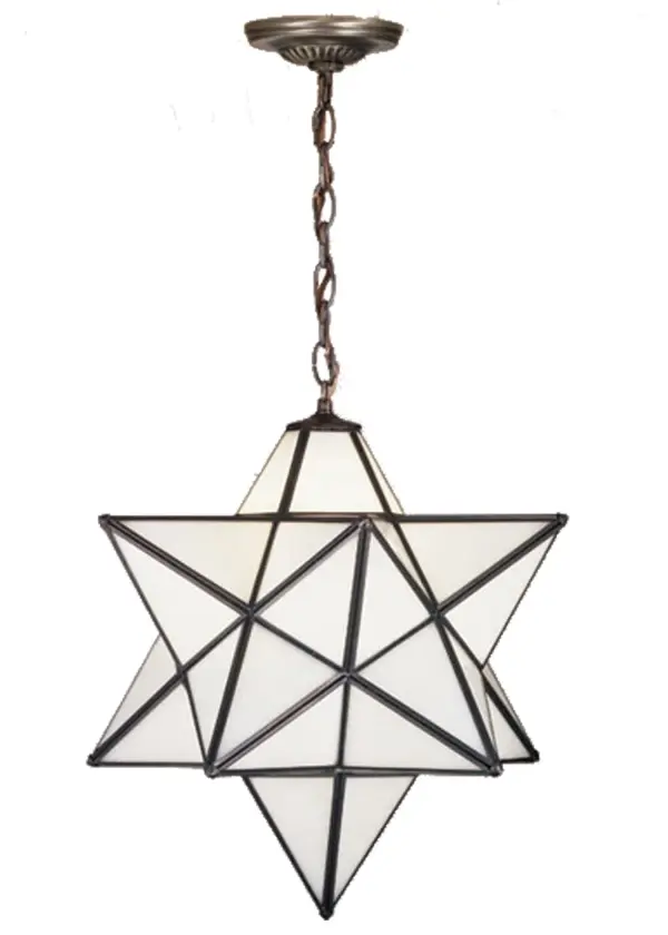 Grace your home with this timeless pendant fixture. Dating back to Moravia hundreds of years ago; the Star was used to protect your home and bring good luck to your family. The Moravian Star pendant is handcrafted with a White Art Glass shade which is complemented with a Mahogany Bronze finish. Each shade is created with Brass Channel Construction. Overall height ranges from 28 to 64 inches as the chain length can be easily adjusted in the field to accommodate your specific lighting needs. Shade colors; metal finishes and sizes can be customized. UL and cUL listed for dry; damp and wet locations.