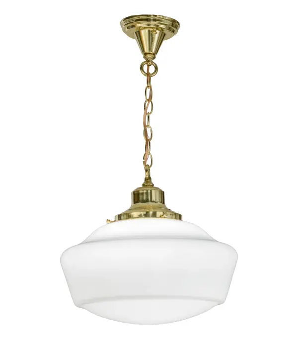 Solid White Schoolhouse glass reflects period authentic designs of yore, a perfectly formed shade that was designed and crafted in the old world tradition. Originally used in private residences, schools, galleries and libraries, these Schoolhouse fixtures can be used in a broad range of interiors today. The pendant is enhanced with hardware finished in Polished Brass. Custom crafted in Upstate New York. Collection: Revival Finish: Polished Brass Glass: White Opal Glass Width: 16.00" Height: 20.00" Length: 16.00" Weight: 7.00 lb Number of Bulbs: 1 Maximum Wattage: 60.00 W Bulb Type: A19 Bulb Base: E26 Material: Metal Country of Origin: USA Safety Listing: Damp Safety Rating: Damp