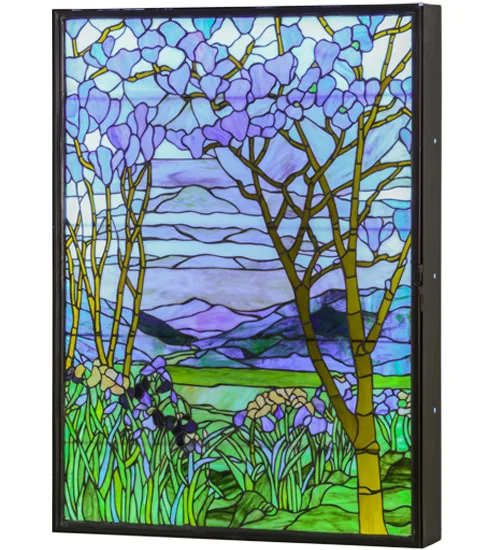 30"W Tiffany Magnolia & Iris Stained Glass Lighted Window