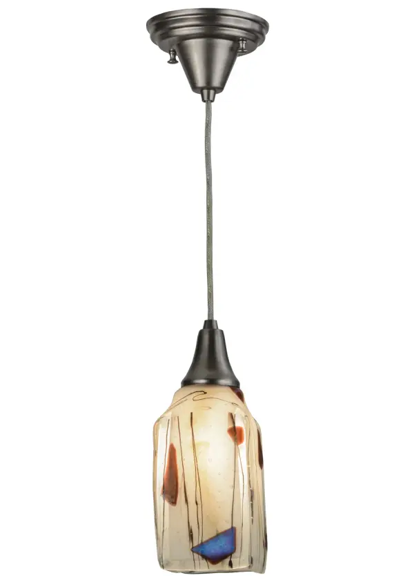 American artisanship combined with European artistry in Purple Iridescent Frit and Black on White Iridescent and Clear glass.Ramoscelli is Italian for ?small branches or twigs? and features abstract expressionistic illumination.Cool glass achieved by high firing hot glass into a unique draped design.Complemented by contemporary Brushed Nickel finished cable and hardware.