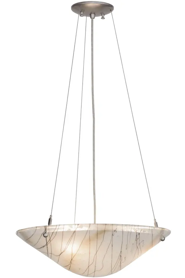 Ramoscelli, which is Italian for small branches or twigs define American craftsmanship fused with European artistry in Purple Iridescent Frit and Black on White Iridescent and Clear art glass. Stylistically dynamic, the design is an energetic gesture of abstract and expressionistic illumination. This art glass pendant is embraced by contemporary Brushed Nickel finished cable and hardware. Ideal for high ceilings in foyers, entryways and lobbies. Handcrafted in the Meyda facility in Yorkville, NY. Collection: Metro Fusion Finish: Nickel Glass: White Irid/Clear/Black White Width: 18.00" Height: 8.00" Length: 18.00" Weight: 12.00 lb Number of Bulbs: 3 Maximum Wattage: 60.00 W Bulb Type: A19 Bulb Base: E26 Material: Metal Or Polyresin Country of Origin: USA Safety Listing: Damp Safety Rating: Damp