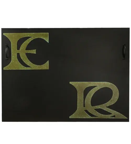 This firebox cover is personalized with the monograms EC and RC for Ellie and Robert Cohen of Meyda Lighting. The letters are monogrammed with a Tarnished Copper finish on a Black background. This decorative firebox cover is used to help reduce a draft when the fireplace is not in use. The Personalized Monogram Firebox Cover is featured in our Personalized Collection and is manufactured in Yorkville; New York. Please contact us; and we will coordinate a custom logo or monogram for your fireplace decor or to suit another project. Please call for the price and lead time.