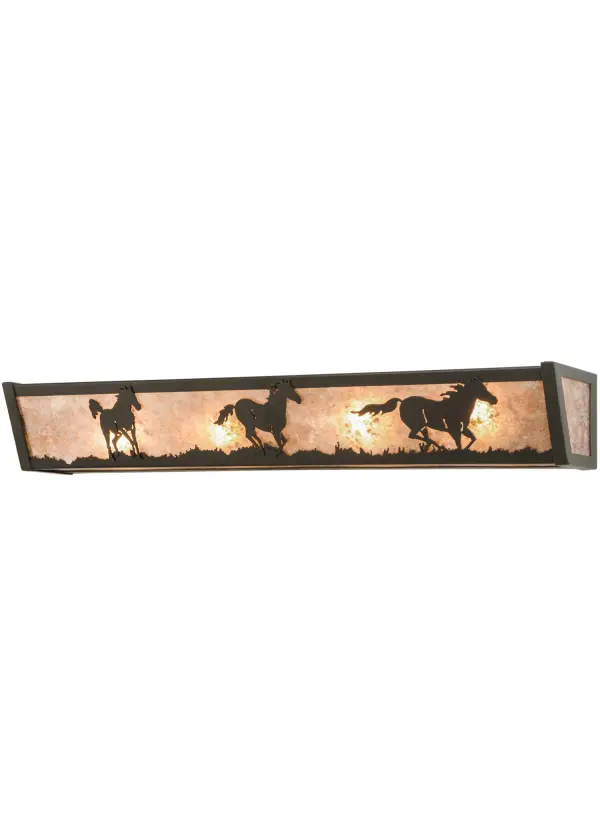 Running Horses are featured galloping on the prairie while the sun rises in the background of this dramatic lighting design. Warm ambient lighting is projected through a stunning Silver Mica lens enhanced by a frame and accents featured in a Timeless Bronze finish. Ideal for bath lighting or illuminating hallways and corridors. This wall luminaire is Made to Order in our 180,000 square foot manufacturing facility in Yorkville, NY, located at the foothills of the Adirondack Mountains. Additional wildlife and custom designs available, as well as customized diffuser colors, metal finishes and sizes. UL and cUL listed for dry and damp locations. Collection: Running Horses Finish: Timeless Bronze Glass: Silver Mica Width: 30.00" Height: 4.50" Length: 5.50" Weight: 6.00 lb Extension from Wall: 5.50" Number of Bulbs: 4 Maximum Wattage: 60.00 W Bulb Type: A19 Bulb Base: E26 Material: Steel Country of Origin: USA Safety Listing: Damp Safety Rating: Damp