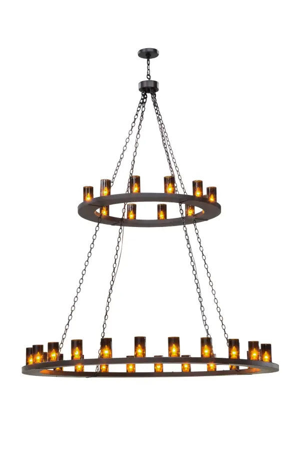 Replicating an old world lighting fixture found in castles and cathedrals of bygone days, this exquisite chandelier features 36 cylindrical Amber glass Cylindres on the two tiers of this chandelier. 10 Are displayed on the upper ring while 26 lights are featured on the larger lower ring. All hardware is hand finished in Mahogany Bronze. Custom crafted by highly skilled artisans in our 180,000 square foot manufacturing facility in Yorkville, New York, in the USA. Options include dimmable energy efficient lamping such as LED, as well as custom sizes, styles and colors. UL and cUL listed for damp and dry locations. Collection: Loxley Finish: Mahogany Bronze Glass: Amber Glass Width: 72.00" Height: 93.00" Length: 72.00" Weight: 156.00 lb Extension from Wall: 4.00" Number of Bulbs: 36 Maximum Wattage: 40.00 W Bulb Type: CA10 Bulb Base: Medium Material: Steel Country of Origin: USA Safety Listing: Damp Safety Rating: Damp