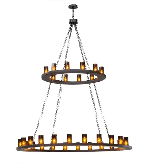 Replicating an old world lighting fixture found in castles and cathedrals of bygone days, this exquisite chandelier features 36 cylindrical Amber glass Cylindres on the two tiers of this chandelier. 10 Are displayed on the upper ring while 26 lights are featured on the larger lower ring. All hardware is hand finished in Mahogany Bronze. Custom crafted by highly skilled artisans in our 180,000 square foot manufacturing facility in Yorkville, New York, in the USA. Options include dimmable energy efficient lamping such as LED, as well as custom sizes, styles and colors. UL and cUL listed for damp and dry locations. Collection: Loxley Finish: Mahogany Bronze Glass: Amber Glass Width: 72.00" Height: 93.00" Length: 72.00" Weight: 156.00 lb Extension from Wall: 4.00" Number of Bulbs: 36 Maximum Wattage: 40.00 W Bulb Type: CA10 Bulb Base: Medium Material: Steel Country of Origin: USA Safety Listing: Damp Safety Rating: Damp - alternate view