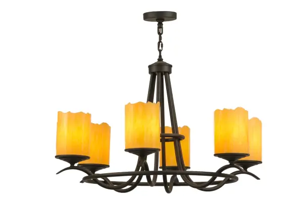 Add graceful details to any interior decor with this exquisite lighting design that provides soft ambient illumination. 6 Tawnyrock Idalight Cylindres are perched on decorative bobeches that are embraced by an elegant frame with curved arms in a richly hued Oil Rubbed Bronze finish. Handcrafted in our manufacturing facility in the USA, this Hand-forged Iron chandelier is available in custom colors, styles, size and dimmable energy efficient lamping options to individualize the look that you need. The 39-inch wide fixture is UL and cUL listed for dry and damp locations. Collection: Octavia Finish: Oil Rubbed Bronze Glass: Tawnyrock Idalight Width: 39.00" Height: 32.00" Length: 39.00" Weight: 32.50 lb Number of Bulbs: 6 Maximum Wattage: 60.00 W Bulb Type: A19 Bulb Base: E26 Light Source: LED Material: Steel Country of Origin: USA Safety Listing: Damp Safety Rating: Damp LED