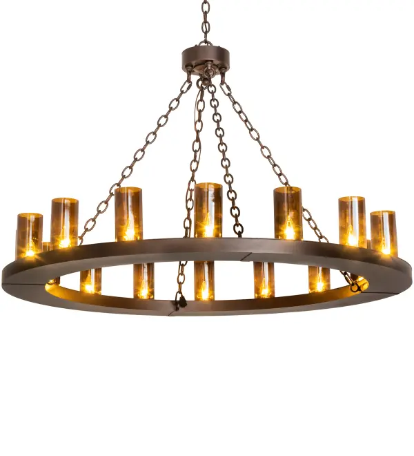 This striking chandelier is topped with 16 Amber glass Cylindres. The transitional fixture is made in the USA and finished in a Mahogany Bronze finish. Perfect for residential; hospitality; retail or commercial applications. Custom crafted by highly skilled artisans in our 180;000 square foot manufacturing facility in Yorkville; New York; in the USA. Options include dimmable energy efficient lamping such as LED; as well as custom sizes; styles and colors. UL and cUL listed for damp and dry locations.