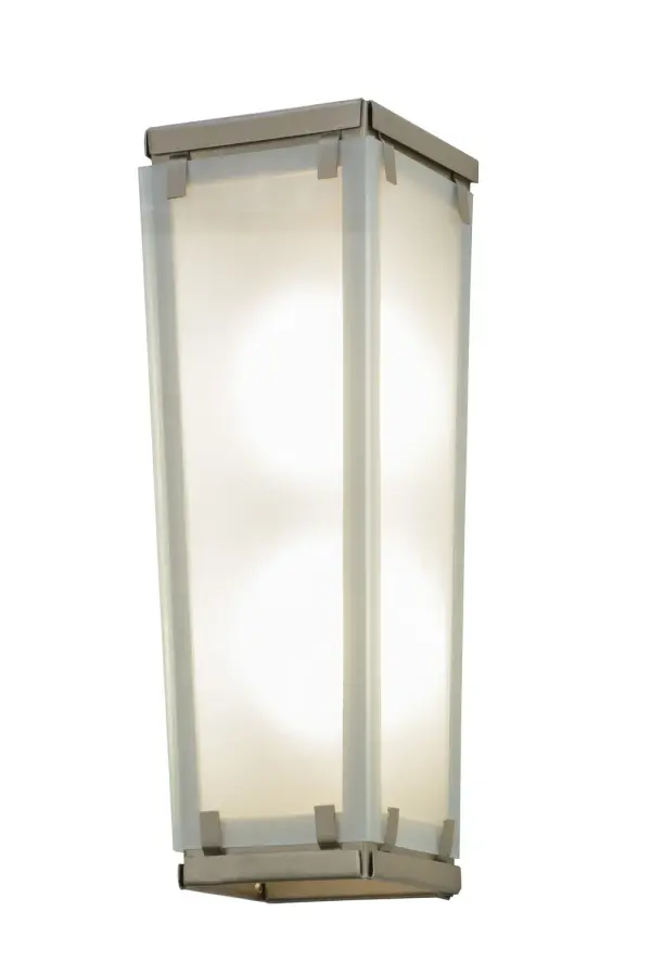 A one-of-a-kind wall fixture design featuring Clear Frosted glass with exposed hardware in a Champagne Mist finish, for a decorative look that will arouse your curiosity. Handcrafted in the Yorkville, New York manufacturing facility. Collection: Binnenstebuiten Finish: Champagne Mist Glass: Frosted Clear Glass Width: 6.00" Height: 17.00" Length: 6.00" Weight: 6.00 lb Extension from Wall: 6.00" Number of Bulbs: 2 Maximum Wattage: 60.00 W Bulb Type: T10 Bulb Base: E26 Material: Steel Country of Origin: USA Safety Listing: Damp Safety Rating: Damp