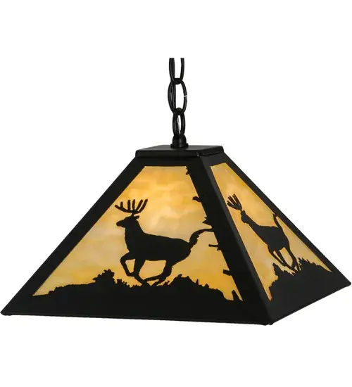 Rustic charm is captured beautifully with this striking pendant design of a young buck running through the woods with the morning sun rising in the background. Warm ambient lighting is created by a stunning Beige Art Glass diffuser enhanced by the decorative accents; frame and matching hardware featured in a Textured Black finish. Handcrafted in the Meyda manufacturing facility; located at the foothills of the Adirondack Mountains. Additional wildlife and custom designs available; as well as energy efficient lamping options. - alternate view