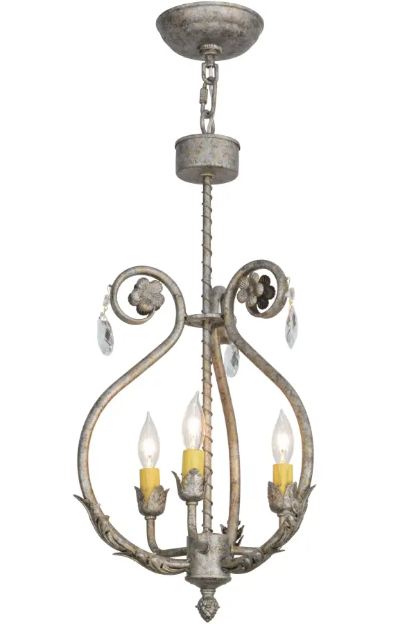 Exquisite styling and luxurious charm are reflected in the Antonia Pendant which is adorned with 3 faux candlelights. The decorative accents, frame and hand-forged hardware are featured in a Corinth finish. The fixture is enhanced with floral bobeches, scrolled arm, Acanthus leaf and Crystal droplet accents. The fixture features quality materials and hand detailed American craftsmanship perfected by years of time honored artistry, passed down from generations of highly skilled artisans. Custom sizes, styles, colors and dimmable energy efficient lamping options such as LED are available. The fixture is UL and cUL listed for damp and dry locations. Collection: Antonia Finish: Corinth Glass: Grey,Gold,Black Metal Finish Width: 12.00" Height: 27.50" Length: 12.00" Weight: 7.00 lb Number of Bulbs: 3 Maximum Wattage: 40.00 W Bulb Type: BA9 Bulb Base: E12 Light Source: LED Material: Steel Country of Origin: USA Safety Listing: Damp Safety Rating: Damp LED