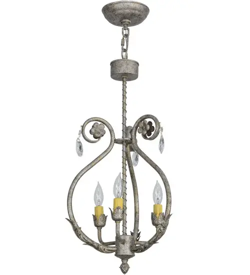 Exquisite styling and luxurious charm are reflected in the Antonia Pendant which is adorned with 3 faux candlelights. The decorative accents, frame and hand-forged hardware are featured in a Corinth finish. The fixture is enhanced with floral bobeches, scrolled arm, Acanthus leaf and Crystal droplet accents. The fixture features quality materials and hand detailed American craftsmanship perfected by years of time honored artistry, passed down from generations of highly skilled artisans. Custom sizes, styles, colors and dimmable energy efficient lamping options such as LED are available. The fixture is UL and cUL listed for damp and dry locations. Collection: Antonia Finish: Corinth Glass: Grey,Gold,Black Metal Finish Width: 12.00" Height: 27.50" Length: 12.00" Weight: 7.00 lb Number of Bulbs: 3 Maximum Wattage: 40.00 W Bulb Type: BA9 Bulb Base: E12 Light Source: LED Material: Steel Country of Origin: USA Safety Listing: Damp Safety Rating: Damp LED - alternate view