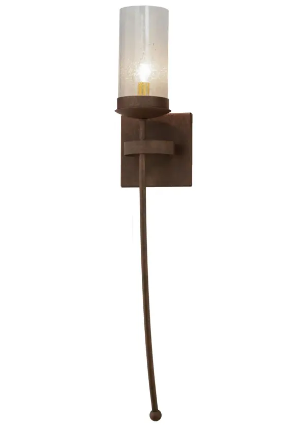 Step back in time with handsome old world styling greeting a distinctive sophisticated look. Clear Seeded glass cylindrical lantern perched atop a custom tailored bobeche accented with a long slender decorative stem embellished with a ball tip for a high level of aesthetic appeal. Handsome square backplate complemented with a curved band. Stunning Solid Steel hardware hand forged and hand finished in Antique Rust. Ideal for hallways, foyers and other spaces in homes, restaurants, pubs, hotels and other fine interiors. Custom crafted by our artisans in our 180,000 square foot manufacturing facility in Yorkville, New York, in the USA. Options include custom sizes, styles and colors. UL and cUL listed for damp and dry locations. Collection: Bechar Finish: Antique Rust Glass: Clear Seeded Glass Width: 6.00" Height: 33.00" Length: 6.00" Weight: 3.00 lb Extension from Wall: 6.00" Number of Bulbs: 1 Maximum Wattage: 60.00 W Bulb Type: B10 Bulb Base: E12 Material: Steel Country of Origin: USA Safety Listing: Damp Safety Rating: Damp