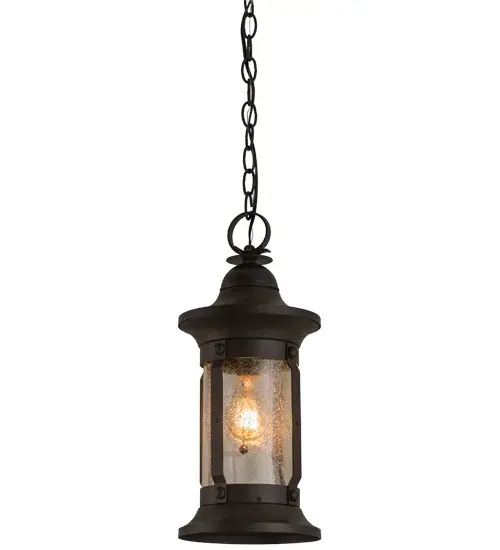 This vintage item has been re-created, redesigned and re-engineered from a cherished, original fixture. Meyda artisans re-built this piece as a brand-new reproduction utilizing modern technologies and materials with old world craftsmanship in our manufacturing facility in the USA Collection: Camp Uncas Finish: Wrought Iron Glass: Wrought Iron/Clear Seedy Glass Width: 8.00" Height: 21.00" Length: 8.00" Weight: 5.00 lb Number of Bulbs: 1 Maximum Wattage: 60.00 W Bulb Type: A19 Bulb Base: E26 Material: Steel Country of Origin: USA Safety Listing: Damp Safety Rating: Damp