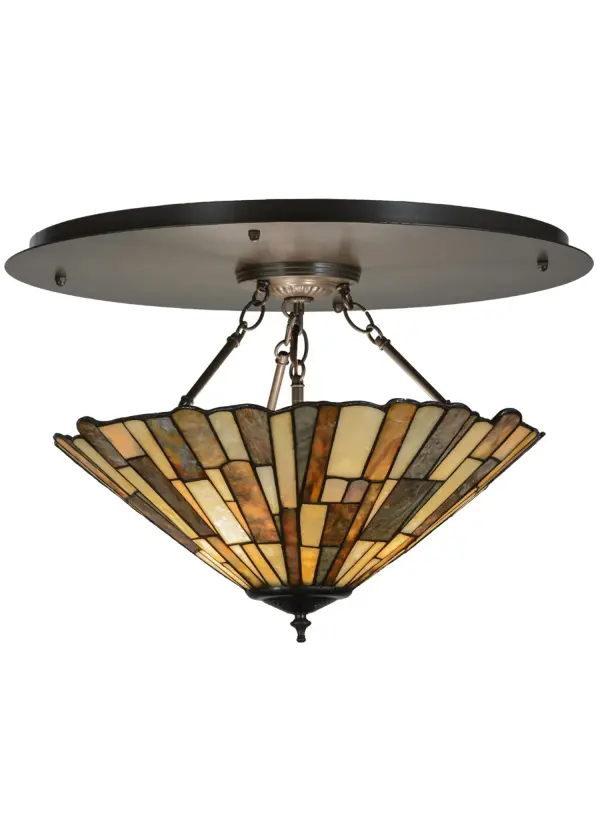 The organic beauty of Jadestone comes to light with thinly hand carved and polished natural Jadestone.Earthy tones of Moss Green; Tan; Natural Ivory and Coral illuminate in this unique tile patterned fixture.The natural stone shade is crafted using Meyda Tiffany's famous copperfoil construction process to create stained glass fixtures and windows. The hardware is featured in a stunning Timeless Bronze finish.