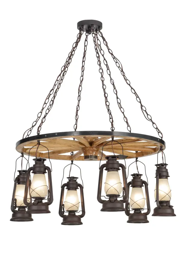 Exuding rustic Western charm and personality, this dramatic wagon wheel chandelier is a hand-crafted treasure with six traditionally styled Miner Lanterns featuring Clear Frosted glass diffusers and authentic detailed profiles and hardware finished in a Distressed Rust. Ideal for a lobby or entryway in a rustic home, lodge, inn or other commercial space. Handcrafted by highly skilled Meyda artisans in the USA. Collection: Miners Lantern Finish: Distressed Rust Glass: Frosted Clear Glass Or Acrylic Width: 40.00" Height: 48.00" Length: 40.00" Weight: 30.00 lb Number of Bulbs: 6 Maximum Wattage: 60.00 W Bulb Type: B10 Bulb Base: Candelabra Material: Steel Country of Origin: USA Safety Listing: Damp Safety Rating: Damp