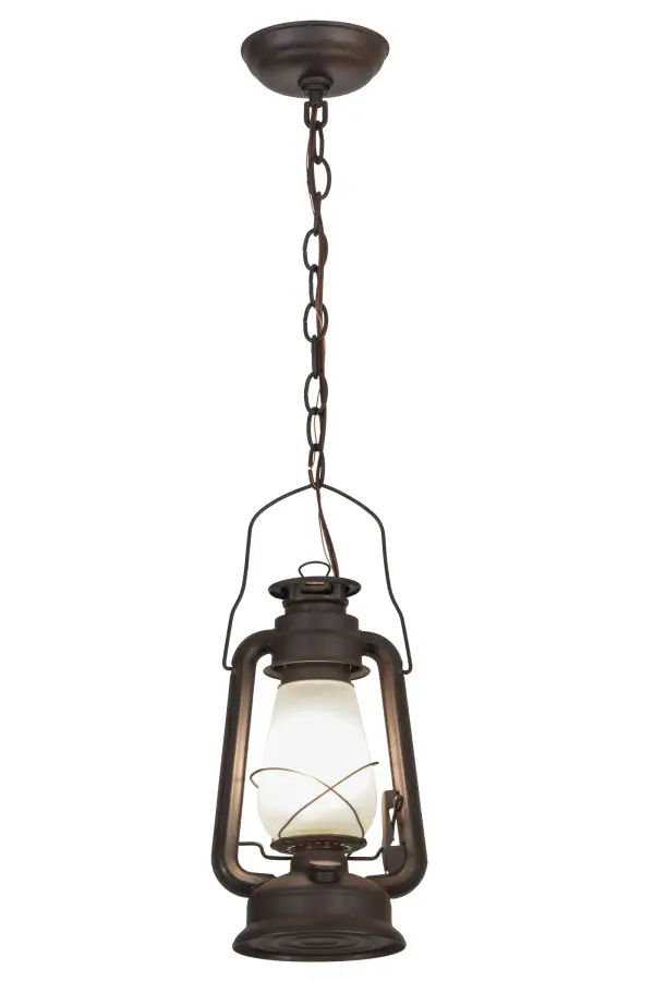 Traditional, functional and ornamental, the Miners Lantern recreates an old world style from the early 1800s. A handsome crafted pendant makes a superb accent to the home, restaurant or commercial environment. The lantern hardware and decorative accents are finished in a Distressed Rust with a Clear Frosted glass diffuser. Custom crafted by Meyda artisans in the Yorkville, NY manufacturing facility. Collection: Miners Lantern Finish: Distressed Rust Glass: Clear Frosted Glass Width: 7.00" Height: 18.50" Length: 7.00" Weight: 3.00 lb Number of Bulbs: 1 Maximum Wattage: 60.00 W Bulb Type: E12 Bulb Base: E12 Material: Steel Country of Origin: USA Safety Listing: Damp Safety Rating: Damp