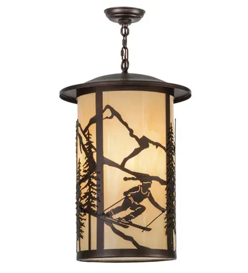 A skier slaloms down the slopes in this compelling ceiling pendant which features ambient lighting diffused beautifully through a Sahara Taupe Idalight diffuser. This cylindrical pendant is enhanced with a solid frame and hardware featured in a Mahogany Bronze finish. The fixture is handcrafted in our manufacturing facility at the foothills of the Adirondack Mountains; not far from Lake Placid; home of the 1932 and 1980 Winter Olympics. Custom sizes; styles; colors and dimmable energy efficient lamping options such as LED; are available. This fixture is UL and cUL listed for wet and dry locations. - alternate view