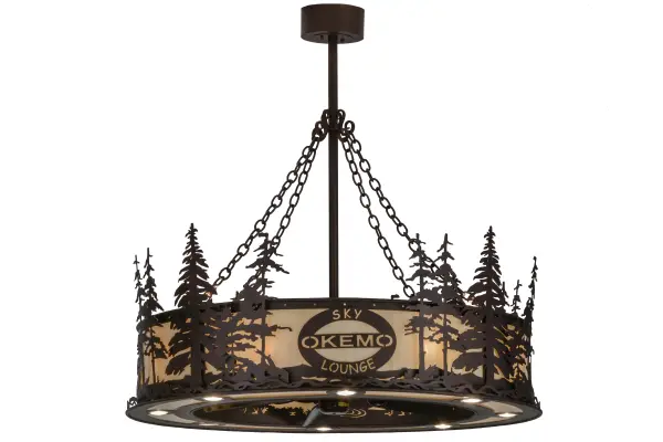 A fan-tastic; energy efficient decorating idea for a home; retail or hospitality location; this innovative Chandel-Air combines a custom luminaire with energy-efficient fan technology. The stunning Sahara Taupe Idalight and Statuario Idalight diffuser is highlighted with a stand of tall pine trees and the OKEMO Sky Lounge name and logo. The hardware Is featured in a Mahogany Bronze finish. Eight inner lights are used for decorative ambience; and eight downlights for task illumination. Handcrafted in Yorkville; New York by Meyda artisans; this "Chandel-Air" pulls hot air up and keeps the space cool in the summer; and reversed in the winter to push down hot air and maintain warmth. UL and cUL listed.