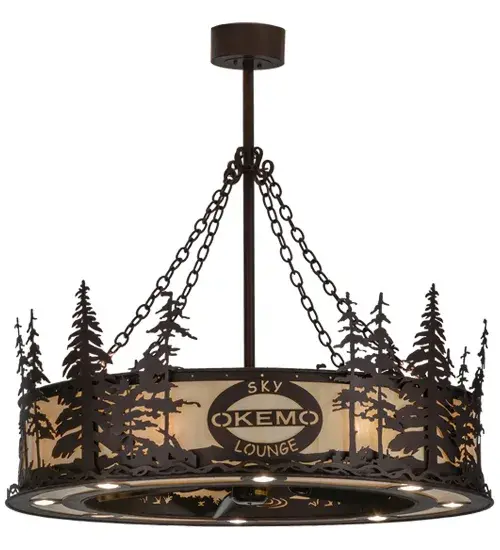 A fan-tastic; energy efficient decorating idea for a home; retail or hospitality location; this innovative Chandel-Air combines a custom luminaire with energy-efficient fan technology. The stunning Sahara Taupe Idalight and Statuario Idalight diffuser is highlighted with a stand of tall pine trees and the OKEMO Sky Lounge name and logo. The hardware Is featured in a Mahogany Bronze finish. Eight inner lights are used for decorative ambience; and eight downlights for task illumination. Handcrafted in Yorkville; New York by Meyda artisans; this "Chandel-Air" pulls hot air up and keeps the space cool in the summer; and reversed in the winter to push down hot air and maintain warmth. UL and cUL listed. - alternate view