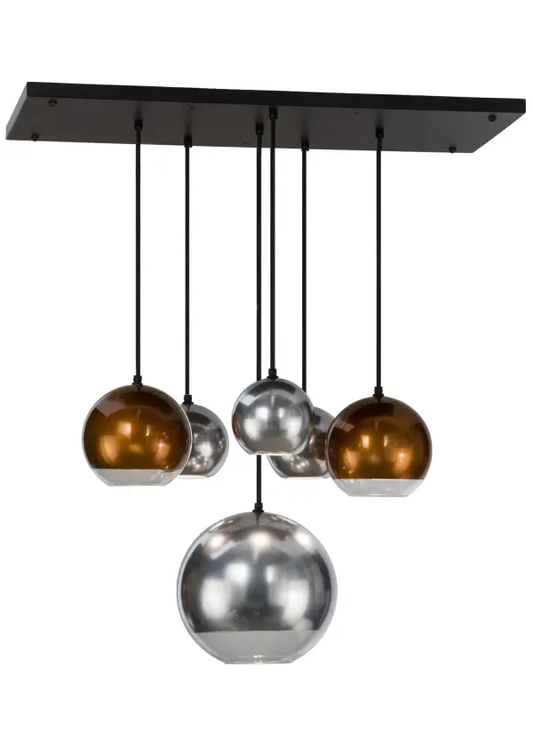 Curved ball shaped pendants featuring mouth blown glass coated with metallic finishes in striking Extreme Chrome and Copper. Handsome hardware finished in Solar Black with cloth covered wire suspending the pendants for a distinctive look. Handcrafted by highly skilled artisans in our 180;000 square foot manufacturing facility in Yorkville; New York. Lens colors; metal finishes and sizes can be customized to meet your needs. UL and cUL listed for damp and dry locations.