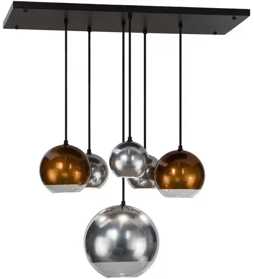Curved ball shaped pendants featuring mouth blown glass coated with metallic finishes in striking Extreme Chrome and Copper. Handsome hardware finished in Solar Black with cloth covered wire suspending the pendants for a distinctive look. Handcrafted by highly skilled artisans in our 180;000 square foot manufacturing facility in Yorkville; New York. Lens colors; metal finishes and sizes can be customized to meet your needs. UL and cUL listed for damp and dry locations. - alternate view