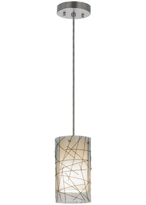Abstract interpretation of branch bundles in striking fused glass. High fired Black branches and Clear glass cased over a Frosted glass cylinder with hardware finished in Brushed Nickel. Hot glass transformed into cool designs. Perfect for illuminating bars; counters; islands and other tabletops. Created by Meyda artisans in the USA