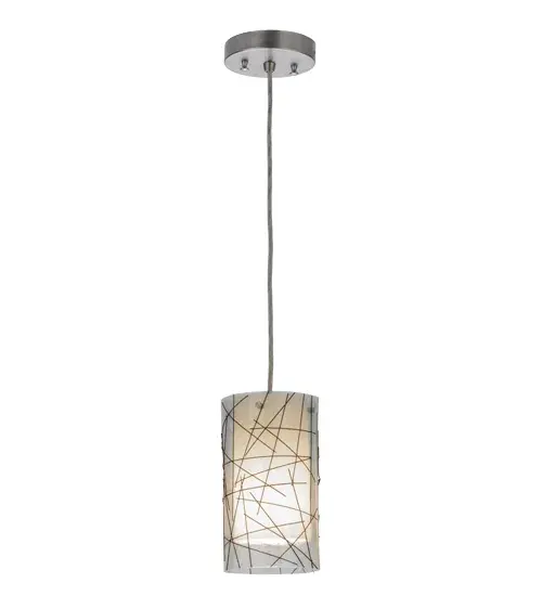 Abstract interpretation of branch bundles in striking fused glass. High fired Black branches and Clear glass cased over a Frosted glass cylinder with hardware finished in Brushed Nickel. Hot glass transformed into cool designs. Perfect for illuminating bars; counters; islands and other tabletops. Created by Meyda artisans in the USA - alternate view